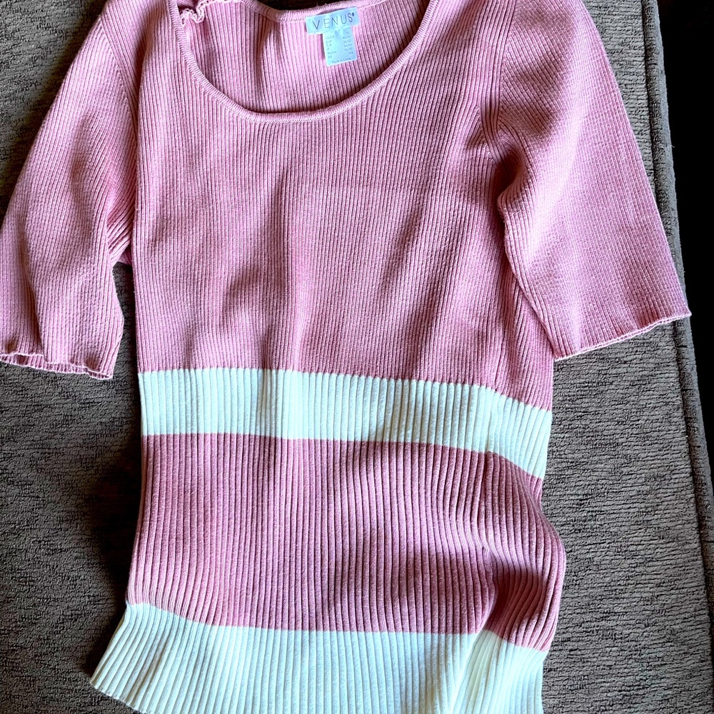 Pink  with a wide white stripe- ribbed, knit short sleeve top - v-neck
